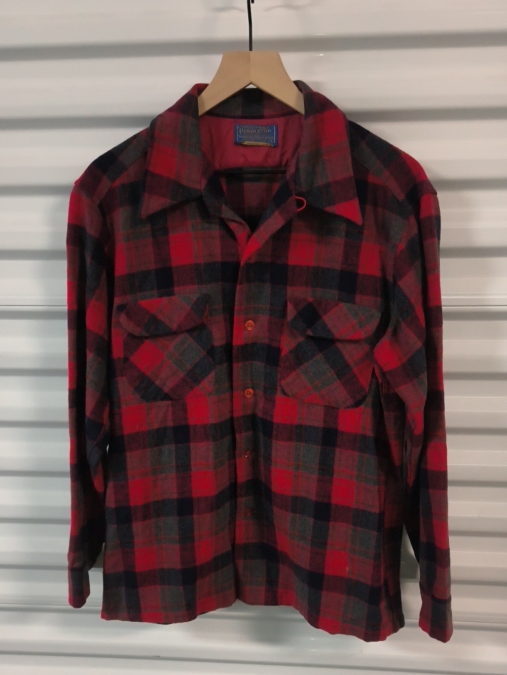 Vtg Pendleton Board Shirt Mens L Red Gray Blue Plaid Wool Camp Collar Made USA